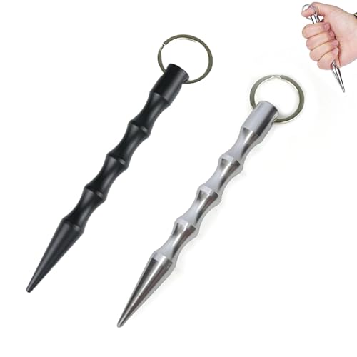 2er Set Kubotan Selbstverteidigung - Waffen Legal für Frauen, Silber und Schwarz - Für Unterwegs am Schlüsselanhänger - Self Defense Sicherheit Gadgets