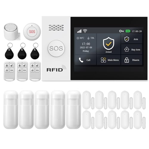 XNY Voller Touchscreen Funk Alarmanlage, Haus Alarmanlage Komplett Set, GSM WLAN Alarmanlage Wohnung mit APP Alarm, 24-Stück-Kit (Fenster Tür Sensoren, Bewegungsmelder, Fernbedienungen, Sirene)