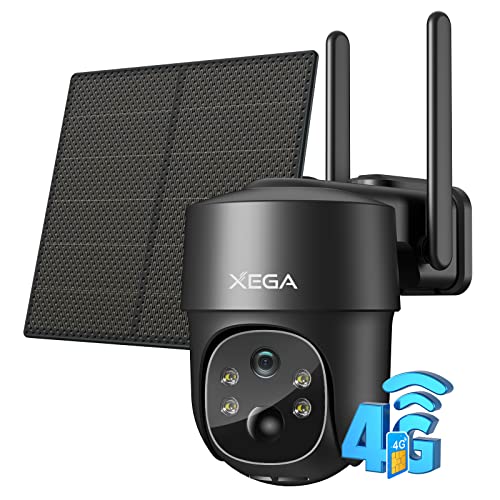 Xega 4G LTE Überwachungskamera Aussen Solar mit SIM Karte - 2K HD 3MP PTZ Kabellos Kamera Ohne WLAN Outdoor Akku, 355°/90° Schwenkbar, Farb/IR Nachtsicht, 2-Wege-Audio, PIR Erkennung (No WiFi)