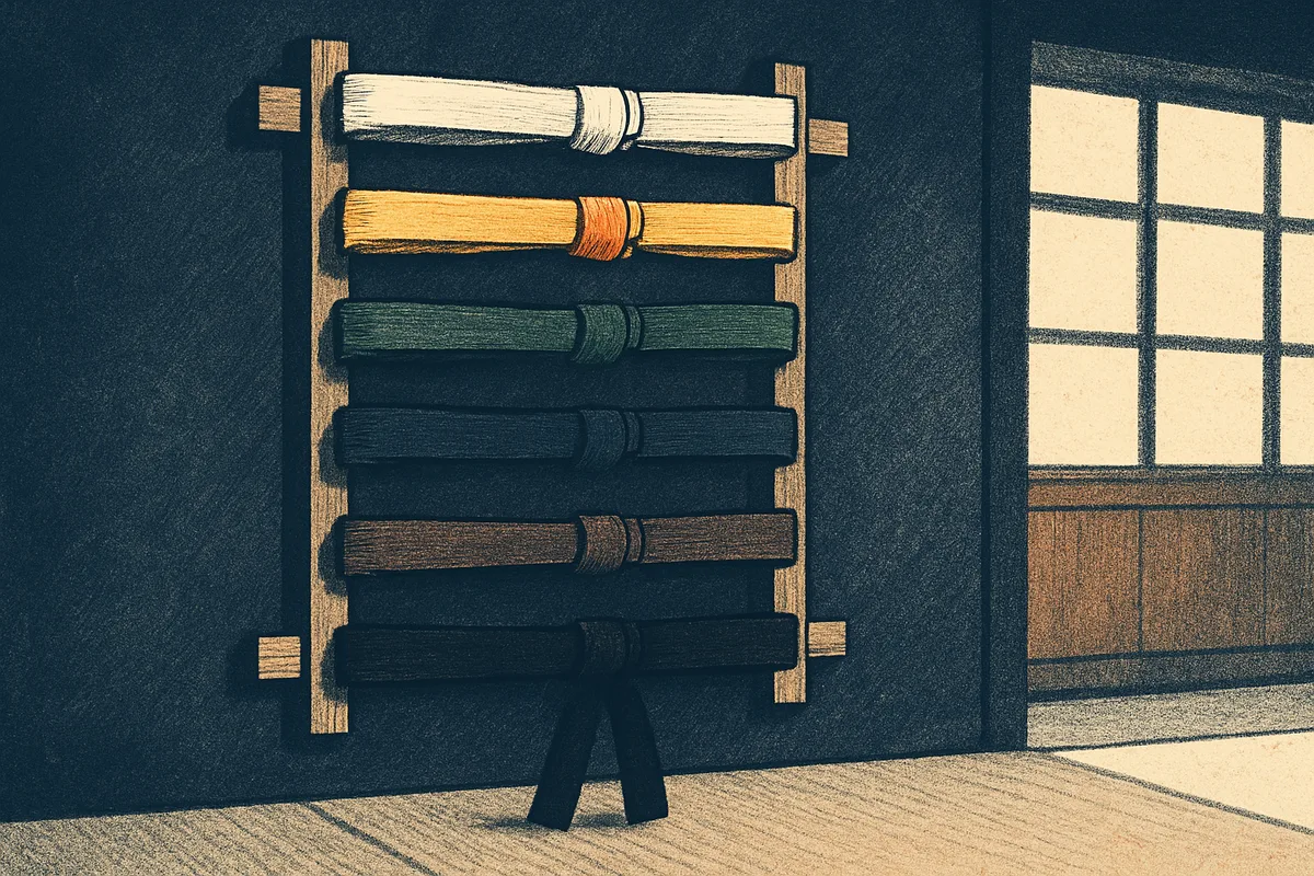 Verschiedenfarbige Judo-Gürtel in korrekter Reihenfolge aufgereiht