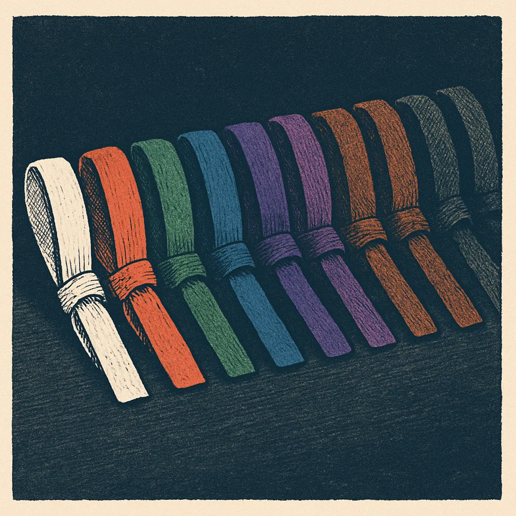 Aufgereihte Karate-Gürtel in Farbreihenfolge von Weiß bis Schwarz