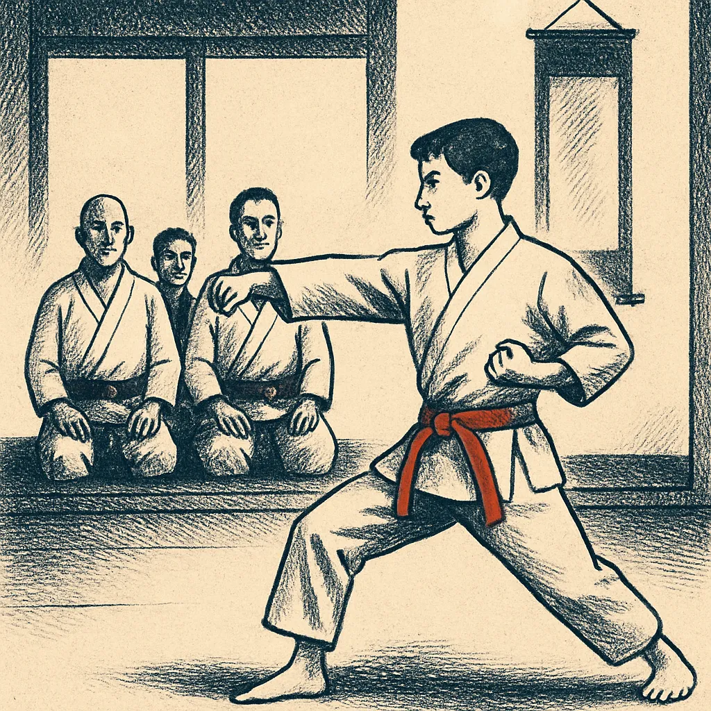 Karate-Prüfungssituation: Schüler bei Kata-Vorführung vor Prüfern