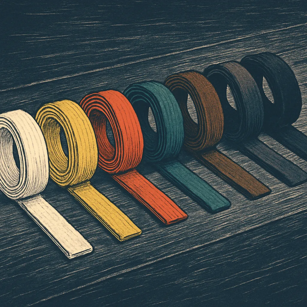 Aufgereihte Kickboxen-Gürtel in Farbreihenfolge