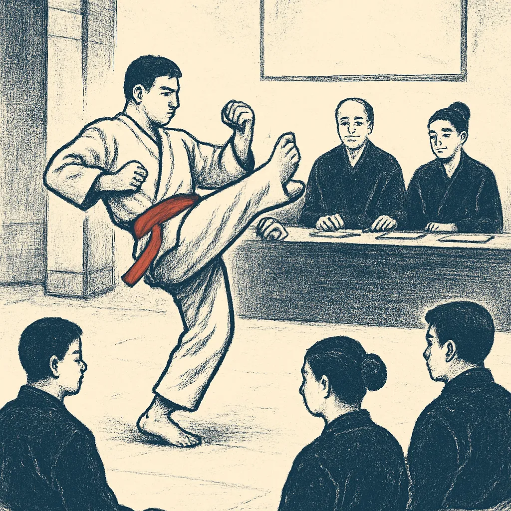 Gürtelprüfung im Kickboxen: Prüfling bei Technikdemonstration