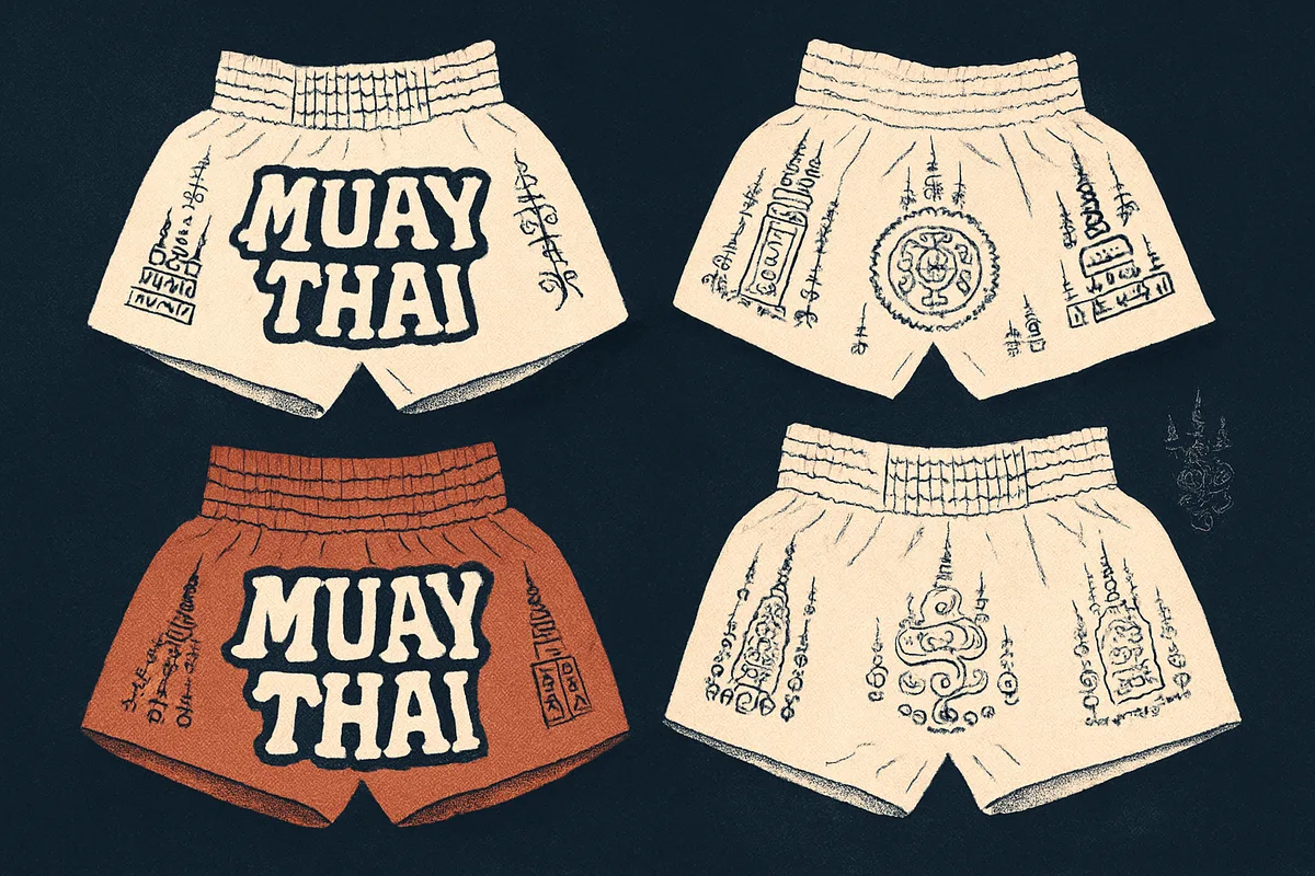 Zwei Muay Thai Shorts nebeneinander: Links traditionelle Thai-Shorts eng geschnitten mit Seide, rechts moderne Performance Shorts locker geschnitten aus Synthetik